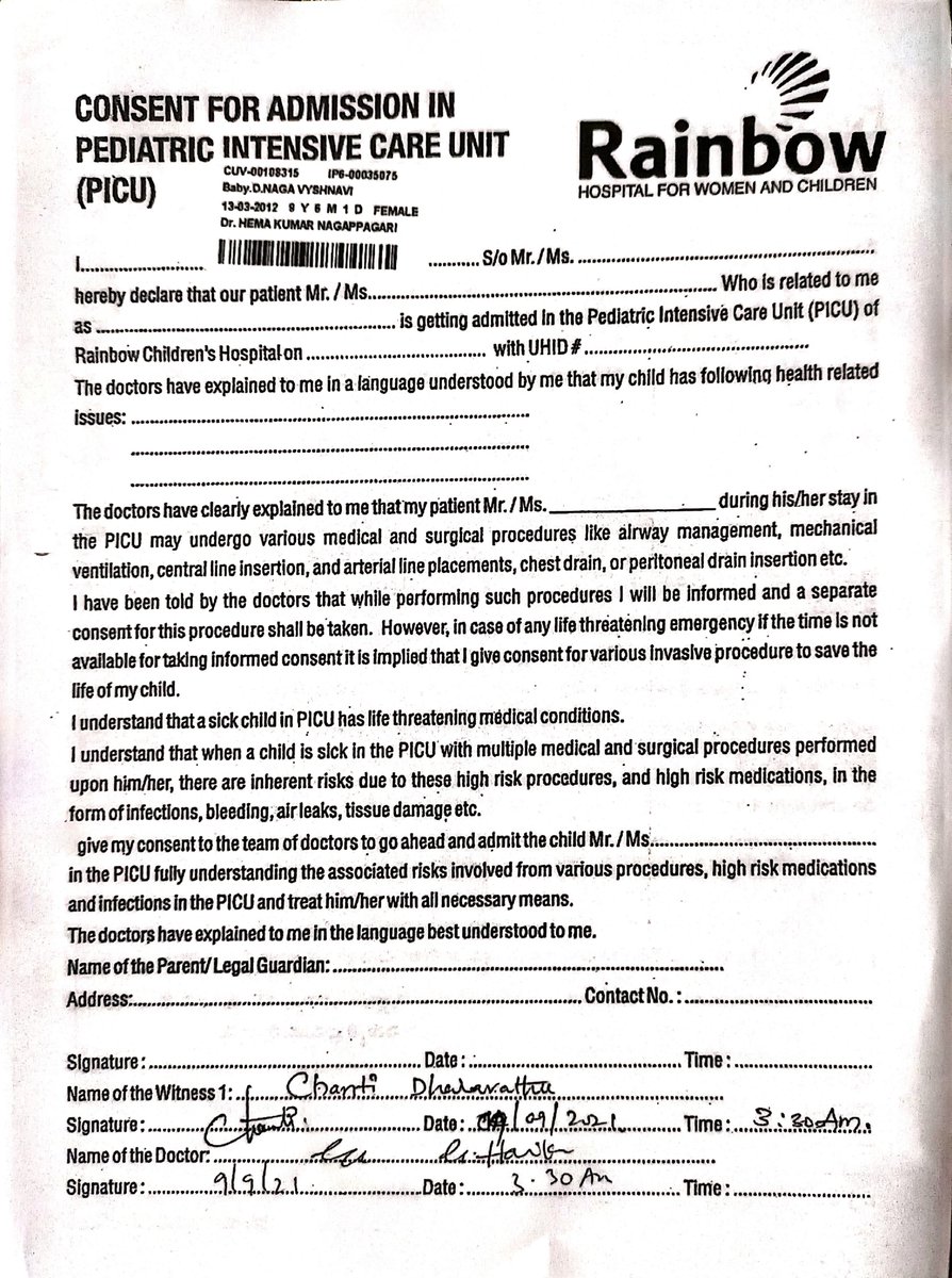 rajeshdharava13's tweet photo. 🚨 AN APPEAL FROM A GRIEVING FATHER FOR COMPLETE MEDICAL RECORDS FROM RAINBOW CHILDREN'S HOSPITAL, VIJAYAWADA (CURRENCY NAGAR BRANCH) 🚨
IMPORTANT NOTE: Posting this not to scare or blackmail anyone. As a grieving father, after numerous failed formal attempts to get my daughter's treatment records, I am forced to post this here as a last resort for higher authorities' attention.
My minor daughter, Baby D. Naga Vaishnavi (Patient ID: IP6-00035075), tragically passed away while undergoing treatment at Rainbow Children's Hospital, Vijayawada in Sept 2021. Even in that midnight hour of absolute trauma and devastating grief of losing my child, I acted with utmost responsibility, strictly followed your hospital protocols, and cleared lakhs of rupees in bills before taking her body. When I respected and abided by your hospital protocols during my darkest hour, why is the hospital management now refusing to follow official medical and government protocols to hand over my daughter's complete case sheets?
THE REASON WHY I NEED THESE RECORDS NOW:
I urgently need these files now because I am actively pursuing a legal court case and fighting for justice against the local hospital where my daughter was initially admitted before being shifted to Rainbow. These medical records are crucial supportive evidence for my ongoing court case. It is highly unfortunate that while I am fighting for legal justice, your Vijayawada branch is causing severe delays and withholding my legal evidence.
Since 10th March 2026, despite sending 6 to 7 official request letters via Registered Post and approaching the DMHO and the District Collector's Grievance cell, the branch continues to delay. Following explicit directives from authorities, the hospital finally handed over a case sheet file. However, that file is incomplete; critical medical records from the final 2 to 3 days before her tragic demise have been withheld and are missing. As a father, it is my absolute right to know exactly what specific treatments were administered during those crucial final days.
COMPLIANCE ISSUES NOTICED IN THE PROVIDED FILES (See Attached Photos):
The files handed over clearly reveal serious protocol violations regarding consents signed by my younger brother, Mr. Chanti Dharavathu (Patient's Attendant):

   1. Blank Consent Forms: My brother's signatures were taken on multiple 'Special Procedures' and 'Sedation' forms, but critical fields like the procedure name and associated risks were left ENTIRELY BLANK. Under Supreme Court guidelines, such blank consents hold no legal validity.
   2. Mixing of Records: A "High-Risk Informed Consent" form belonging to a completely different patient was mixed into my daughter's file and my brother was made to sign it as a witness.

Regarding these missing files, I personally met Unit Director Mr. Surya on 26th May 2026. He assured me that if records were unavailable, they would provide a clear explanation on the Hospital’s Letterhead. However, since that day, he has gone back on his word, blocked my number, and is completely ignoring my WhatsApp messages.
According to NMC regulations, a complete medical record is a fundamental patient right. I request Corporate Management and Chairman Dr. Ramesh Kancharla to kindly intervene, provide the missing records, and arrange a callback from a responsible Telugu-speaking executive.

* Complainant (Father): Rajesh Dharavathu (9948121008)
* Patient Attendant (Brother): Chanti Dharavathu

Humbly appeal to the Chief Minister of AP, Health Ministry, and listed authorities to help me get justice.
@RCH_India @DrRameshKanchar @AndhraPradeshCM @NMC_IND @MoHFW_INDIA @SatyaKumarY @NaraLokesh @PawanKalyan @NCPCR_ @tv9telugu @abntelugutv @ntvnewslive @etvteluguindia