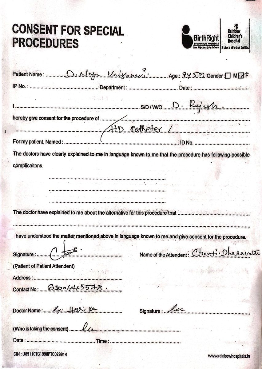 rajeshdharava13's tweet photo. 🚨 AN APPEAL FROM A GRIEVING FATHER FOR COMPLETE MEDICAL RECORDS FROM RAINBOW CHILDREN'S HOSPITAL, VIJAYAWADA (CURRENCY NAGAR BRANCH) 🚨
IMPORTANT NOTE: Posting this not to scare or blackmail anyone. As a grieving father, after numerous failed formal attempts to get my daughter's treatment records, I am forced to post this here as a last resort for higher authorities' attention.
My minor daughter, Baby D. Naga Vaishnavi (Patient ID: IP6-00035075), tragically passed away while undergoing treatment at Rainbow Children's Hospital, Vijayawada in Sept 2021. Even in that midnight hour of absolute trauma and devastating grief of losing my child, I acted with utmost responsibility, strictly followed your hospital protocols, and cleared lakhs of rupees in bills before taking her body. When I respected and abided by your hospital protocols during my darkest hour, why is the hospital management now refusing to follow official medical and government protocols to hand over my daughter's complete case sheets?
THE REASON WHY I NEED THESE RECORDS NOW:
I urgently need these files now because I am actively pursuing a legal court case and fighting for justice against the local hospital where my daughter was initially admitted before being shifted to Rainbow. These medical records are crucial supportive evidence for my ongoing court case. It is highly unfortunate that while I am fighting for legal justice, your Vijayawada branch is causing severe delays and withholding my legal evidence.
Since 10th March 2026, despite sending 6 to 7 official request letters via Registered Post and approaching the DMHO and the District Collector's Grievance cell, the branch continues to delay. Following explicit directives from authorities, the hospital finally handed over a case sheet file. However, that file is incomplete; critical medical records from the final 2 to 3 days before her tragic demise have been withheld and are missing. As a father, it is my absolute right to know exactly what specific treatments were administered during those crucial final days.
COMPLIANCE ISSUES NOTICED IN THE PROVIDED FILES (See Attached Photos):
The files handed over clearly reveal serious protocol violations regarding consents signed by my younger brother, Mr. Chanti Dharavathu (Patient's Attendant):

   1. Blank Consent Forms: My brother's signatures were taken on multiple 'Special Procedures' and 'Sedation' forms, but critical fields like the procedure name and associated risks were left ENTIRELY BLANK. Under Supreme Court guidelines, such blank consents hold no legal validity.
   2. Mixing of Records: A "High-Risk Informed Consent" form belonging to a completely different patient was mixed into my daughter's file and my brother was made to sign it as a witness.

Regarding these missing files, I personally met Unit Director Mr. Surya on 26th May 2026. He assured me that if records were unavailable, they would provide a clear explanation on the Hospital’s Letterhead. However, since that day, he has gone back on his word, blocked my number, and is completely ignoring my WhatsApp messages.
According to NMC regulations, a complete medical record is a fundamental patient right. I request Corporate Management and Chairman Dr. Ramesh Kancharla to kindly intervene, provide the missing records, and arrange a callback from a responsible Telugu-speaking executive.

* Complainant (Father): Rajesh Dharavathu (9948121008)
* Patient Attendant (Brother): Chanti Dharavathu

Humbly appeal to the Chief Minister of AP, Health Ministry, and listed authorities to help me get justice.
@RCH_India @DrRameshKanchar @AndhraPradeshCM @NMC_IND @MoHFW_INDIA @SatyaKumarY @NaraLokesh @PawanKalyan @NCPCR_ @tv9telugu @abntelugutv @ntvnewslive @etvteluguindia