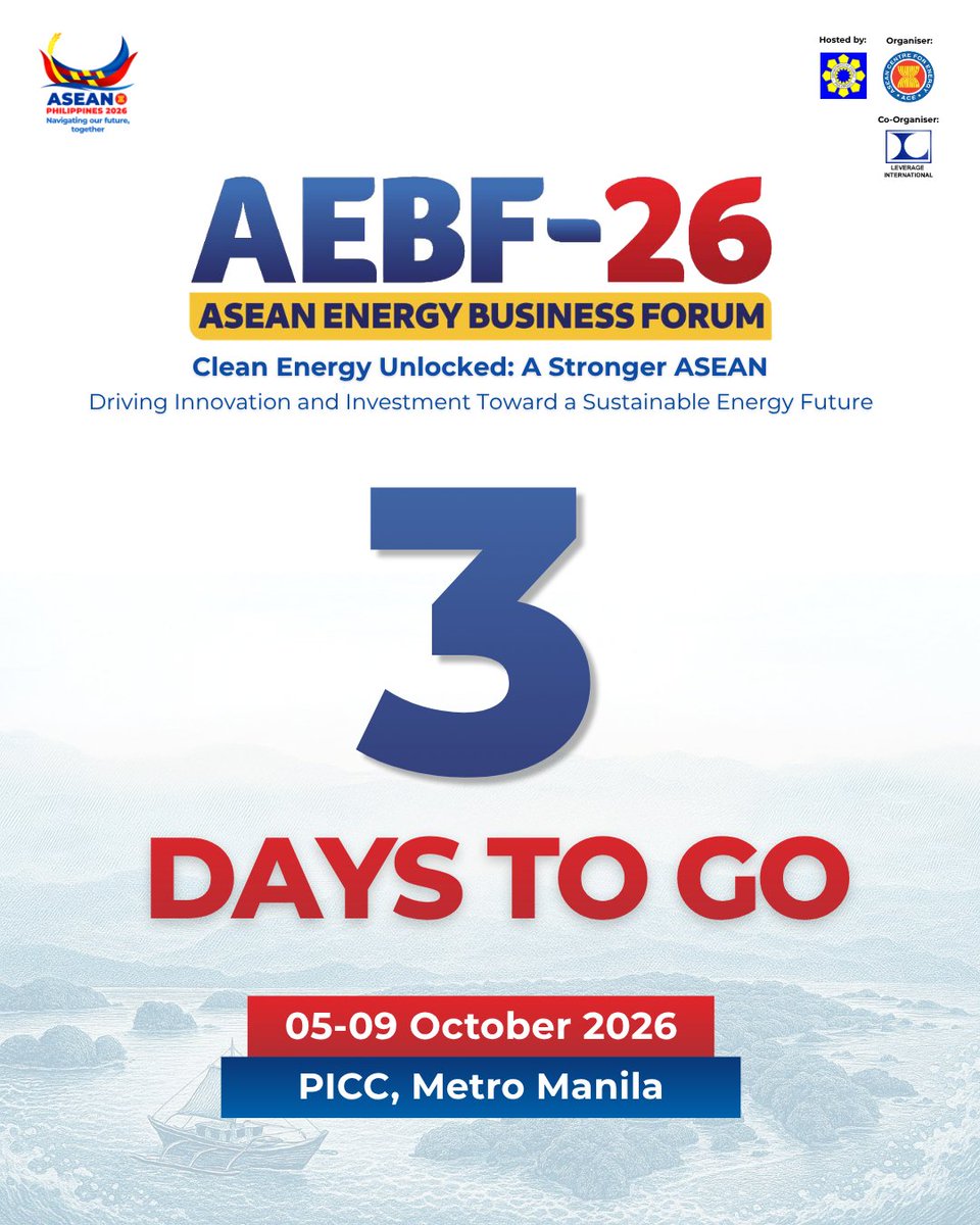 asean_aebf's tweet photo. ⏳ 3 DAYS TO GO | #AEBF26 IS ALMOST HERE! ⚡

✈️Wishing safe travels to all our delegates, speakers, sponsors, and partners flying in from across ASEAN and around the globe.

📌Book Your AEBF-26 Ticket:
https://t.co/WCIk09JuF1 https://t.co/uXQKm0HDid
