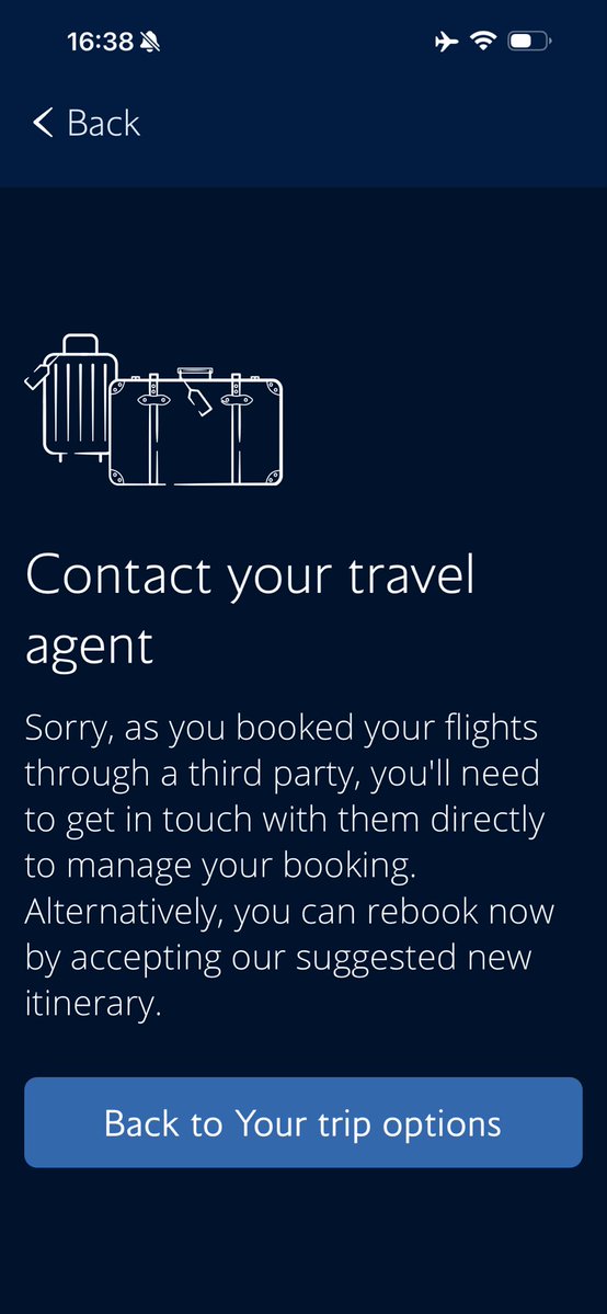 gorlestonceedee's tweet photo. @British_Airways is there a problem with your app&amp; website? No messages, but app says “flight disrupted” and then if I click on it claims I booked with a travel agent, which is wrong. https://t.co/THCqs1sSza