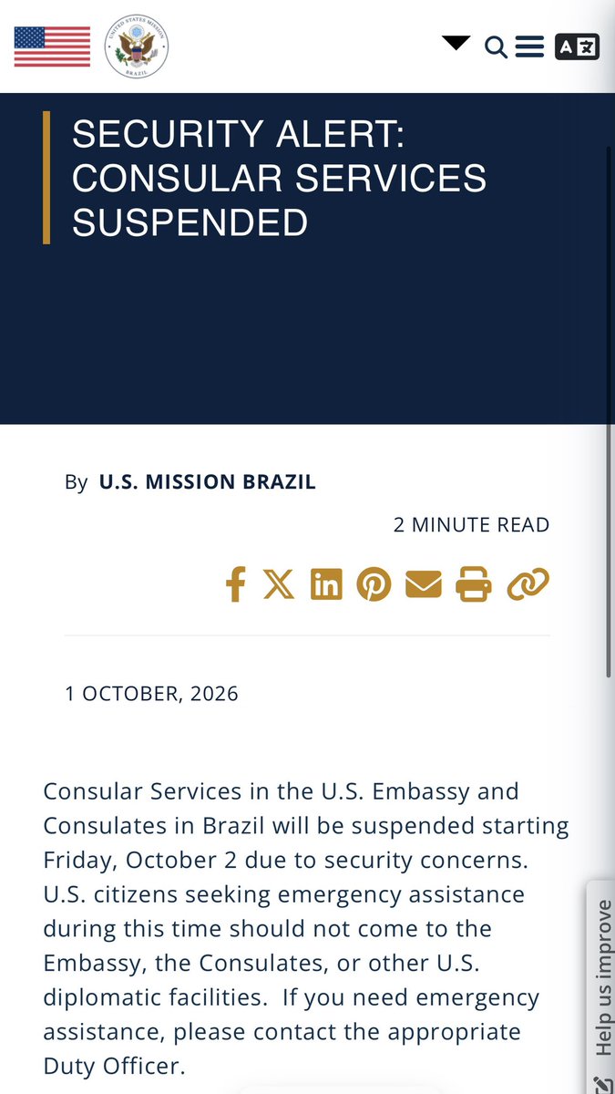 anapaulahenkel's tweet photo. 🚨 🇺🇸 🇧🇷 URGENTE:
A Embaixada dos EUA no Brasil acaba de soltar um alerta importante: 

- Qualquer atendimento consular está suspenso a partir desta sexta, dia 2, 𝐩𝐨𝐫 𝐪𝐮𝐞𝐬𝐭𝐨̃𝐞𝐬 𝐝𝐞 𝐬𝐞𝐠𝐮𝐫𝐚𝐧𝐜̧𝐚. A orientação é não ir à embaixada nem aos consulados. 

👉 O motivo não foi divulgado.

‼️Esse tipo de aviso, em todos os postos ao mesmo tempo, é raro no Brasil. Fechamento já houve por feriado, por enchente em Porto Alegre em 2024, por falta de pessoal. Não por ameaça, e não em todo o país.

Esse tipo de aviso é normalmente usado em áreas de conflitos e instabilidades diplomáticas, em menor ou maior grau. Os EUA usam esse aviso também em casos de ameaças, protestos violentos ou eleições tensas. 

- Mesmo assim, para o Brasil, do jeito que saiu, é muito incomum.

https://t.co/5NyTEWVGAK