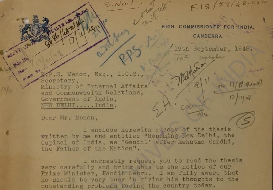 anujdhar's tweet photo. From a declassified file: A thesis to rename New Delhi as "Gandhi" after Mahatma Gandhi just as the US capital was named after George Washington. The file was to be destroyed in 1958 but was somehow not.

#MahatmaGandhi https://t.co/jniXIbCQJj