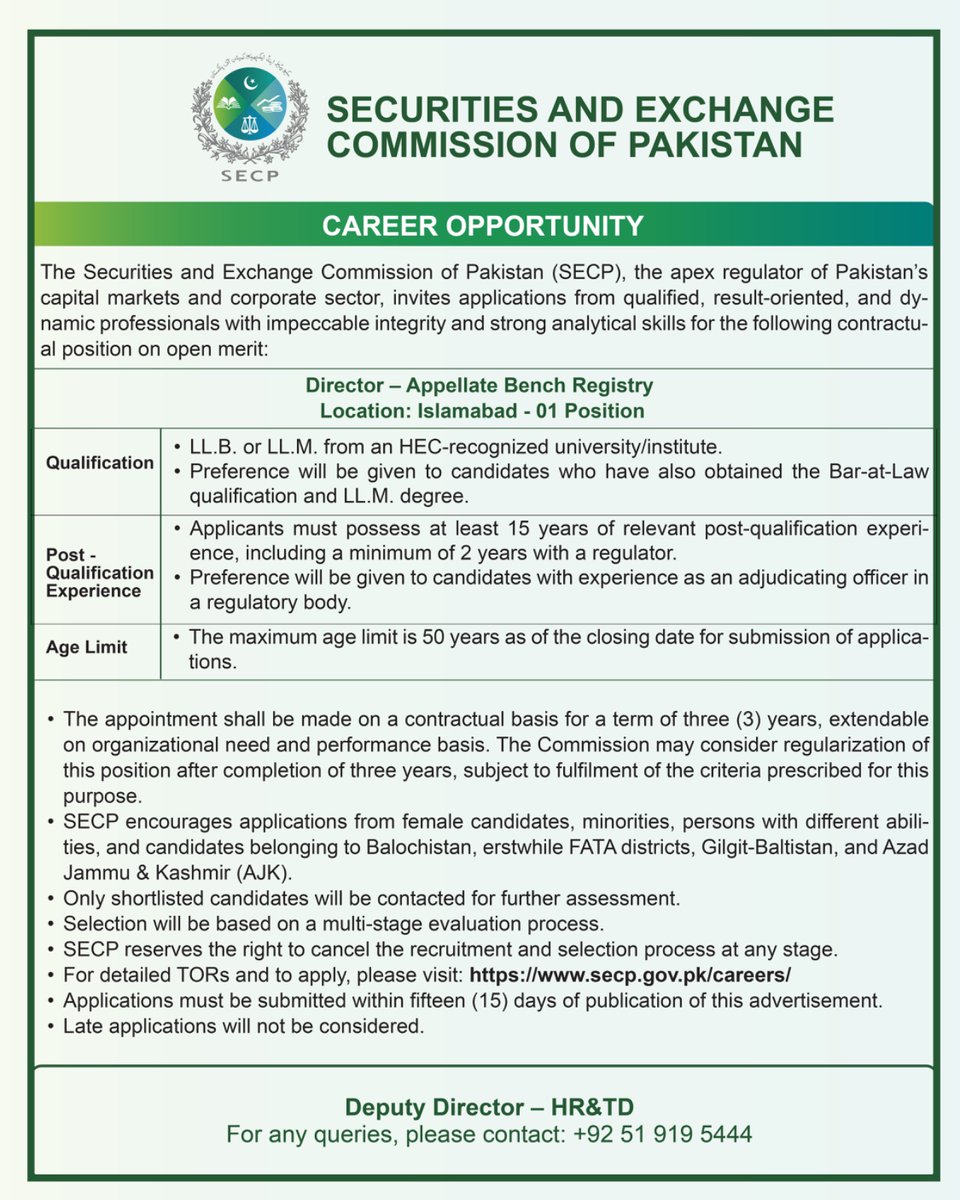 SECPakistan's tweet photo. Career Opportunity at SECP
The SECP invites applications for the position of Director – Appellate Bench Registry, based in Islamabad.
📅 Last date to apply: October 10, 2026
For eligibility criteria, detailed TORs and application procedure:
https://t.co/WryeyxFHJg
#SECP #CareerOpportunity #Jobs #LegalCareers #PakistanJobs