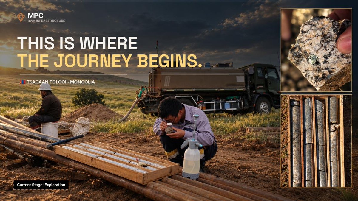 MPC_Global_X's tweet photo. 📍 Tsagaan Tolgoi, Mongolia.

These are real photos from the ground as exploration work gets underway at Tsagaan Tolgoi.

🔎 Current stage: Exploration

But exploration is only the first step in a much longer mining journey:
Exploration → Development → Mining → Processing → Distribution → Closure & Restoration

Every stage of that journey creates real-world activity, data, records, and decisions.

MPC is building infrastructure to connect this real-world mining lifecycle with the RWA ecosystem.
From the ground in Mongolia to the on-chain world. ⛏️