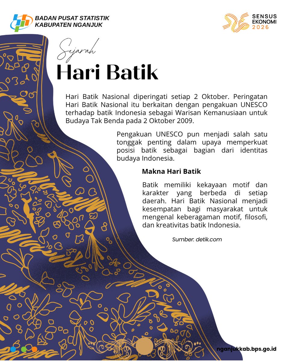 bpskabnganjuk's tweet photo. Selamat Hari Batik Hai #SahabatData โจ
Tahukah kamu? Setiap tanggal 02 Oktober diperingati sebagai Hari Batik. https://t.co/FSZyhWoYBk