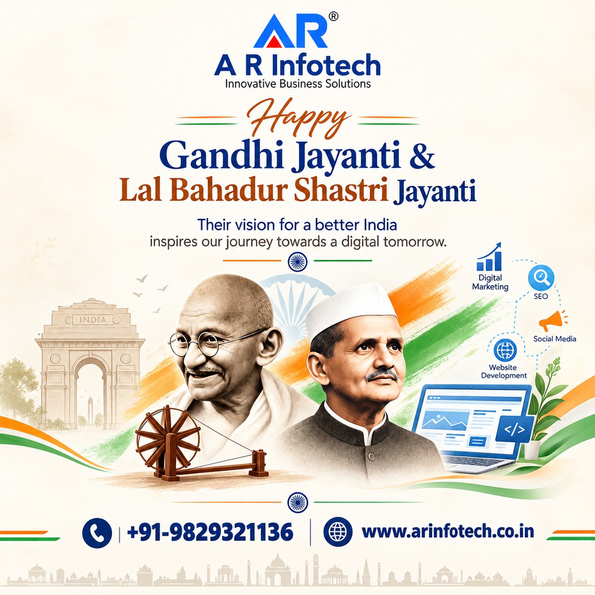 ARInfotech's tweet photo. 🇮🇳 Remembering Mahatma Gandhi Ji &amp; Lal Bahadur Shastri Ji on their birth anniversaries. Their values of truth, simplicity, peace, and service to the nation continue to inspire us.

🙏 जय हिंद!

#GandhiJayanti #MahatmaGandhi #LalBahadurShastri #JaiHind #India https://t.co/RUsLNScf7J