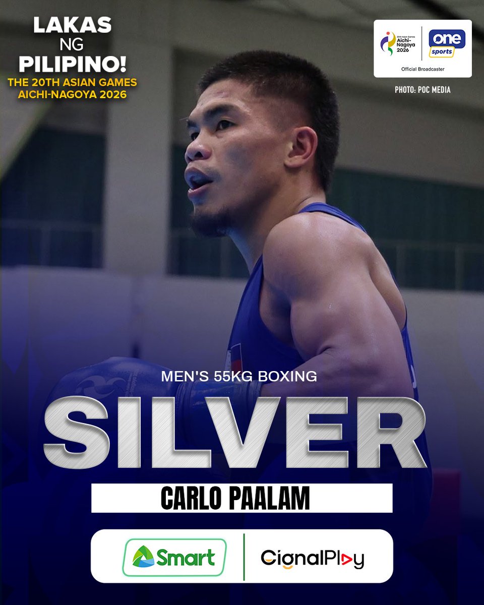 OneSportsPHL's tweet photo. A SILVER STEP FORWARD 🥈🇵🇭

Carlo Paalam earns his best Asian Games finish yet, taking home silver in the men’s 55kg division after a hard-fought final against Japan’s Rui Yamaguchi, eight years after his bronze-medal run in 2018.

Cignal is the official broadcaster of the 20th Asian Games Aichi-Nagoya 2026.

📺 Catch all the Asian Games action on Cignal Play, the One Sports YouTube channel, and other Cignal platforms from September 10 to October 4. 🇵🇭🔥

#AichiNagoya2026 #20thAsianGames #LakasNgPilipino