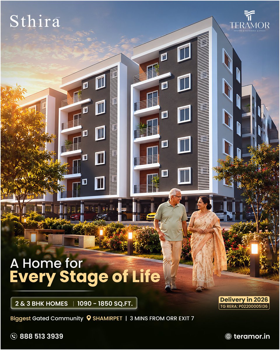 TeramorDev's tweet photo. A Home for Every Stage of Life.

Discover 2 &amp; 3 BHK homes at Sthira by Teramor, Shamirpet.

 Delivery in 2026
📐 1,090–1,850 sq. ft.
📞 888 513 3939
🌐 https://t.co/757C6vSWTq
#SthiraByTeramor #Shamirpet #HyderabadRealEstate #Teramordevelopers https://t.co/8MfDk3dbtK