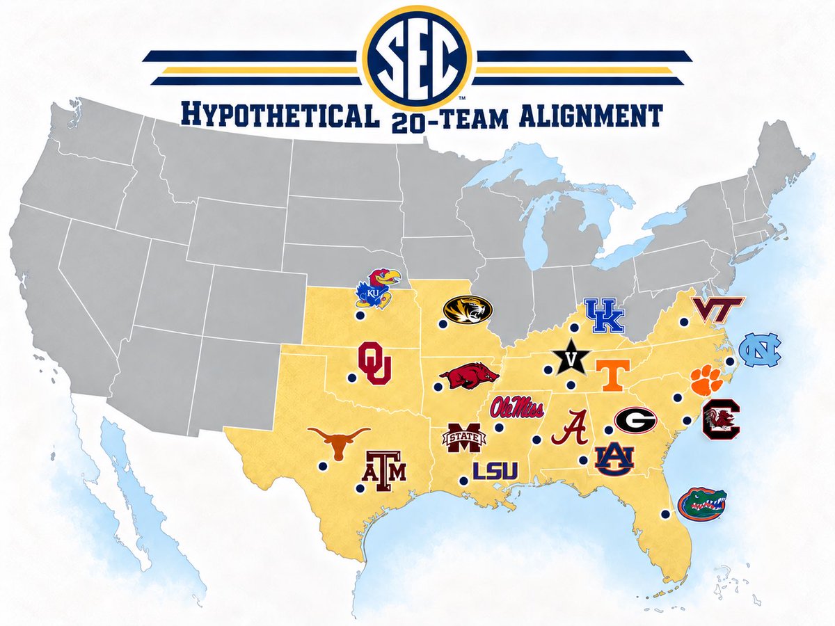 duvalvegas's tweet photo. My take on conference realignment the new SEC, BIG TEN, BIG XII, and ACC https://t.co/Hvc2iOF3rK