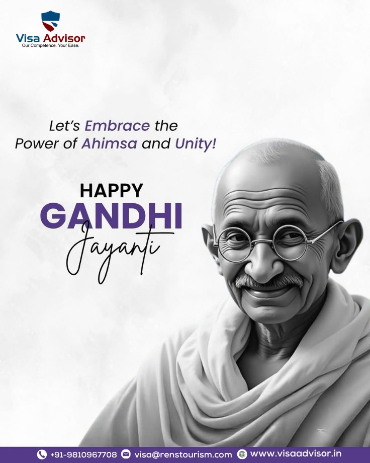 VisaAdvisor2's tweet photo. 🇮🇳 Gandhi Jayanti reminds us of the enduring values of peace, truth and unity.

As we cross borders and connect with people around the world, let’s build bridges through understanding and respect.

Happy Gandhi Jayanti! 🕊️
#GandhiJayanti #MahatmaGandhi #Peace #Unity #VisaAdvisor https://t.co/cRAorxJFGO