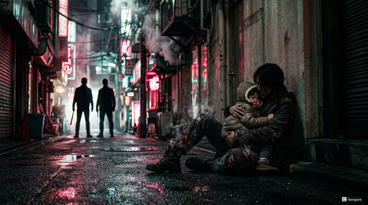 SCRAMBLE_CROSS's tweet photo. ETSC 第二章「蘇る男」｜2056年の歌舞伎町裏路地
37歳の男。
3歳の息子。

何が起きたのかも分からない。
見知らぬ時代、見知らぬ街。

それでも男は、幼い息子だけは決して離さなかった。

ここから二人の第二の人生が始まる。

#ETSC #蘇る男 #石川五右衛門 #ゴロイチ #歌舞伎町 #2056 #時空漂流 #歴史SF #AI創作

X：@scramble_cross