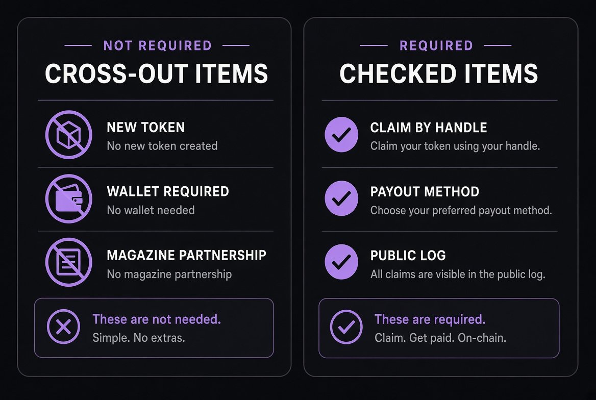 GetWiredSolana's tweet photo. What we will not ship: Scope cut. 
Not building: a new token
- a wallet connect requirement 
-a promise that old fees get repaid 
-a Wired magazine tie 
Building: claim by X handle off-platform payout method public status log

Pump still shows rewards → creator. App cannot spend fees it does not receive. solana:458eEcXufhsLoS1NWa6donw9Yh9USfWMCtBmyFTypump CTO 458eEcXufhsLoS1NWa6donw9Yh9USfWMCtBmyFTypump