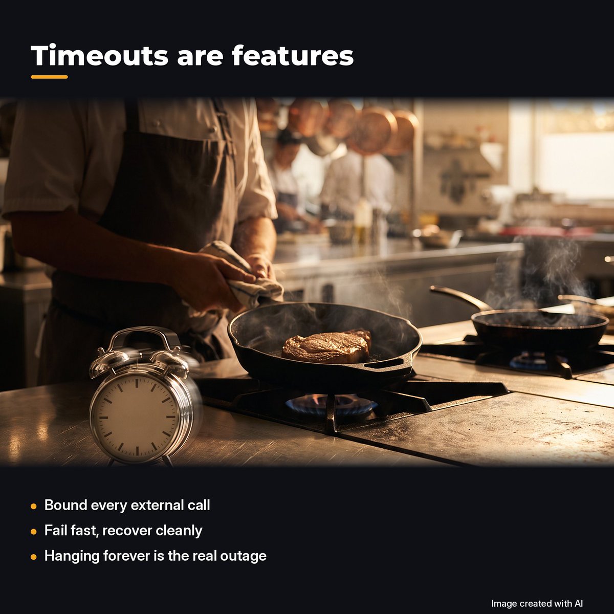 manukeerampanal's tweet photo. Timeouts are features.

Bound every external call. Fail fast. Recover cleanly.

Hanging forever is the real outage.

#PlatformEngineering #SRE

Image created with AI https://t.co/DXZDLWdc9A