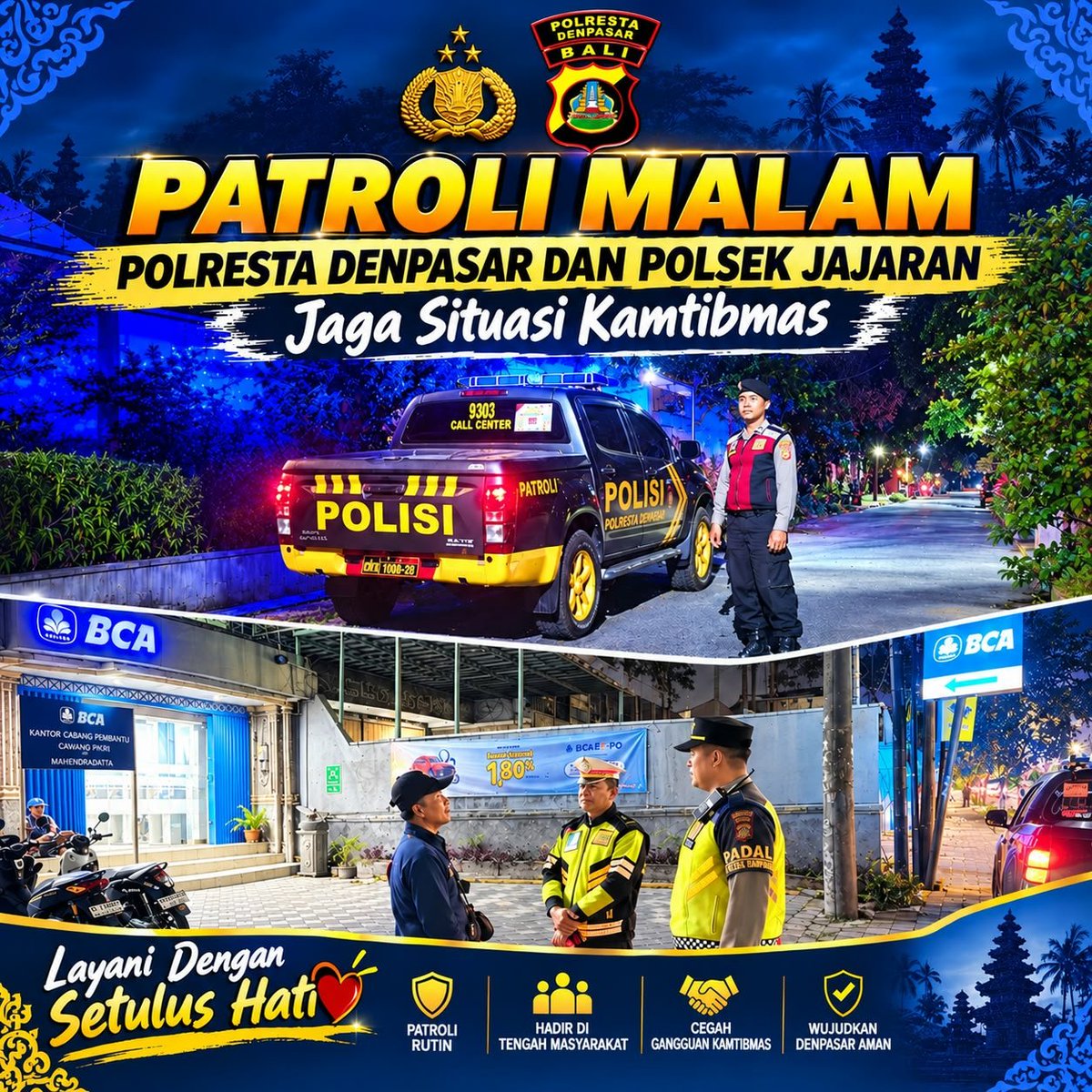DenpasarKresna's tweet photo. Patroli Malam Polresta Denpasar dan Polsek Jajaran Jaga Situasi Kamtibmas

Denpasar – Dalam upaya menjaga keamanan dan ketertiban masyarakat (Kamtibmas) tetap kondusif, Polresta Denpasar bersama Polsek jajaran melaksanakan kegiatan patroli malam di sejumlah wilkum resta https://t.co/sKYJlnq00t