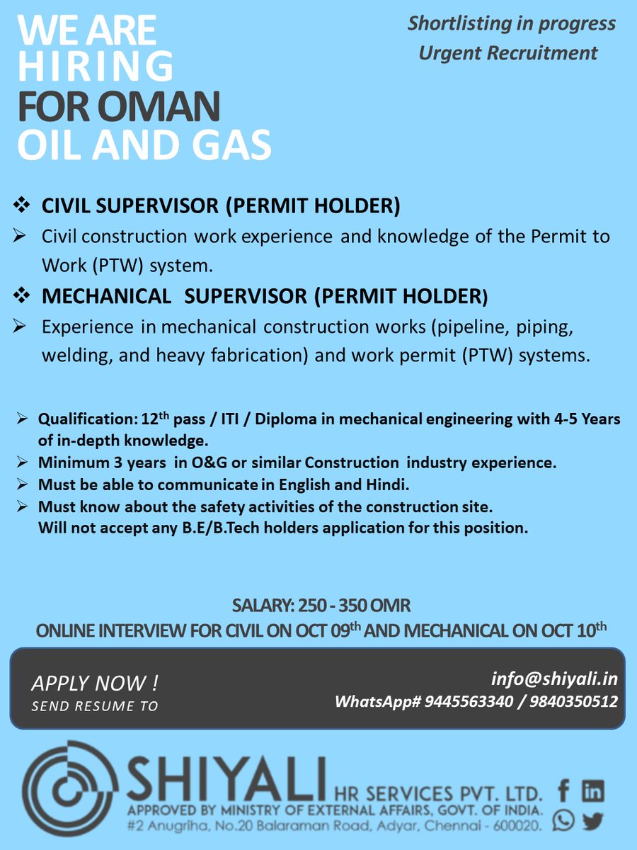 HR_SHIYALI's tweet photo. #Oil&amp;Gas #Oman #Civilsupervisor #Mechanicalsupervisor #Permit #Supervisor #construction #Pipeline #Flowline https://t.co/nXxUNj801H