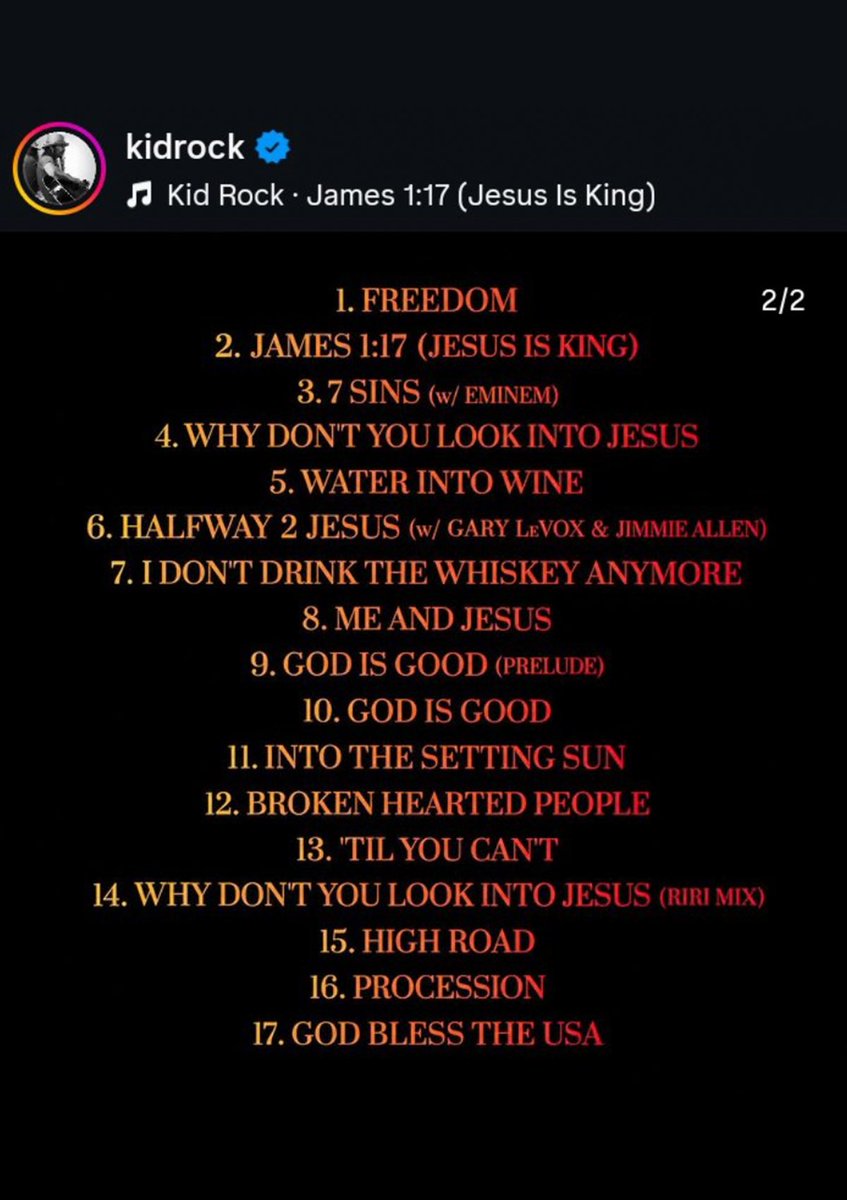 Kurrco's tweet photo. EMINEM x KID ROCK
7 SINS

OCTOBER 17TH 🚨

"I'm proud of the guests who joined me, especially my old friend Eminem. His verse speaks to something we’ve talked about and that really needs to be heard: we differ politically and on other things, but we’ve stayed friends through it all."

"We hope that sets an example for people who’ve lost friends or stopped talking to family because they think differently." — Kid Rock on the collab