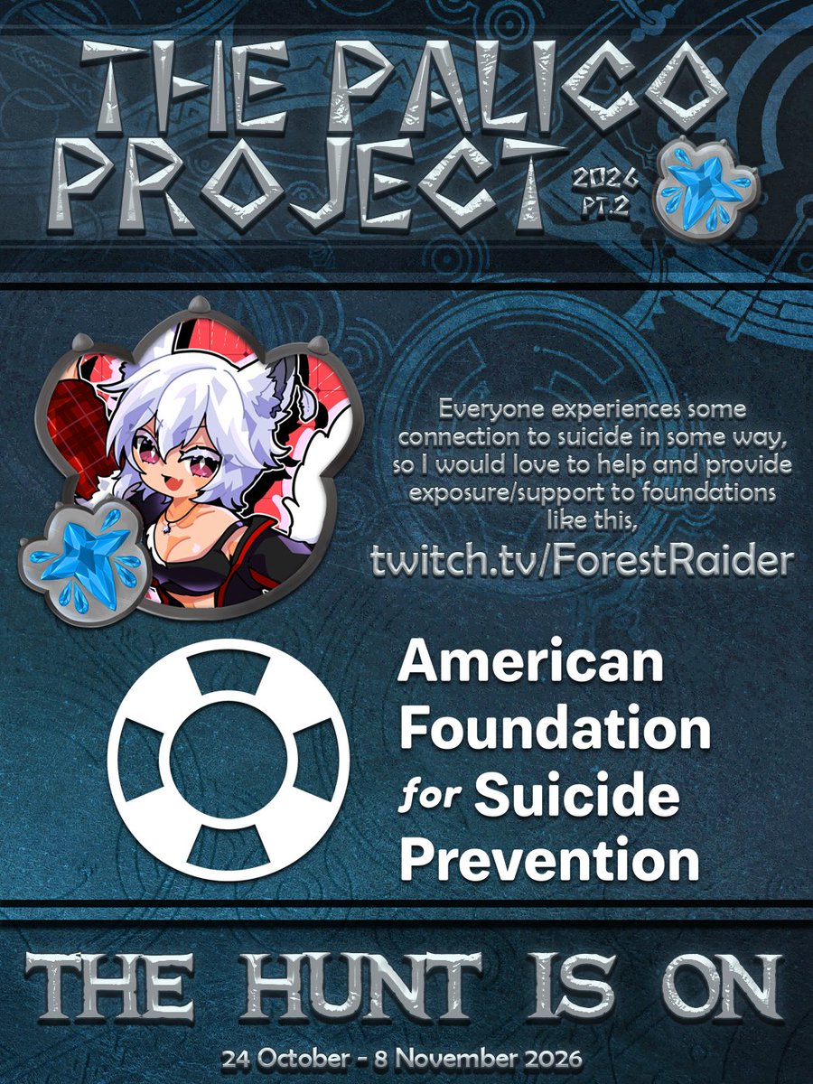PalicoProject's tweet photo. The #PalicoProject platforms causes that provide resources for mental health.

Join @ForestRaider's fleet to support  @afspnational and other worthy causes as the hunt approaches October 24th! https://t.co/HWntzqiHtg