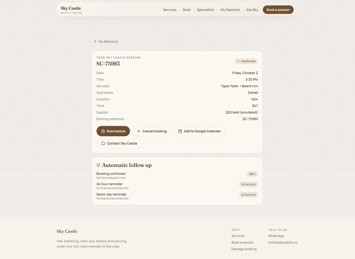 Irecryptt's tweet photo. I built a booking platform for Sky Castle, a unisex beauty and self expression studio in Atlanta, Georgia.

Sky Castle is owned by my girl and i’ve seen first hand how messy managing appointments can get.

Her DMs were always full of:

“are you available saturday?”
“can I move my appointment?”
“can I do my hair and nails together?”
“is the nail tech available?”

Sometimes appointments clash, a customer changes their time or she has to check with different people before confirming one booking.

She’s constantly replying to messages, confirming appointments, sending reminders and following up with customers.

She even has a social media manager handling the page, which is another expense on top of everything else.

So i built a booking platform for Sky Castle on @Lovable 

- https://t.co/d7tLYeTyya

This lets customers build an entire session in one booking

They can combine services, see actual availability across different specialists, choose a time that works for everyone and pay their deposit.

Deposits, confirmations, reminders and rescheduling are handled through the booking flow too without the owner having to manually manage every conversation herself. 

The goal was simple:

less time managing appointments, more time running the business.

#lovablechallenge