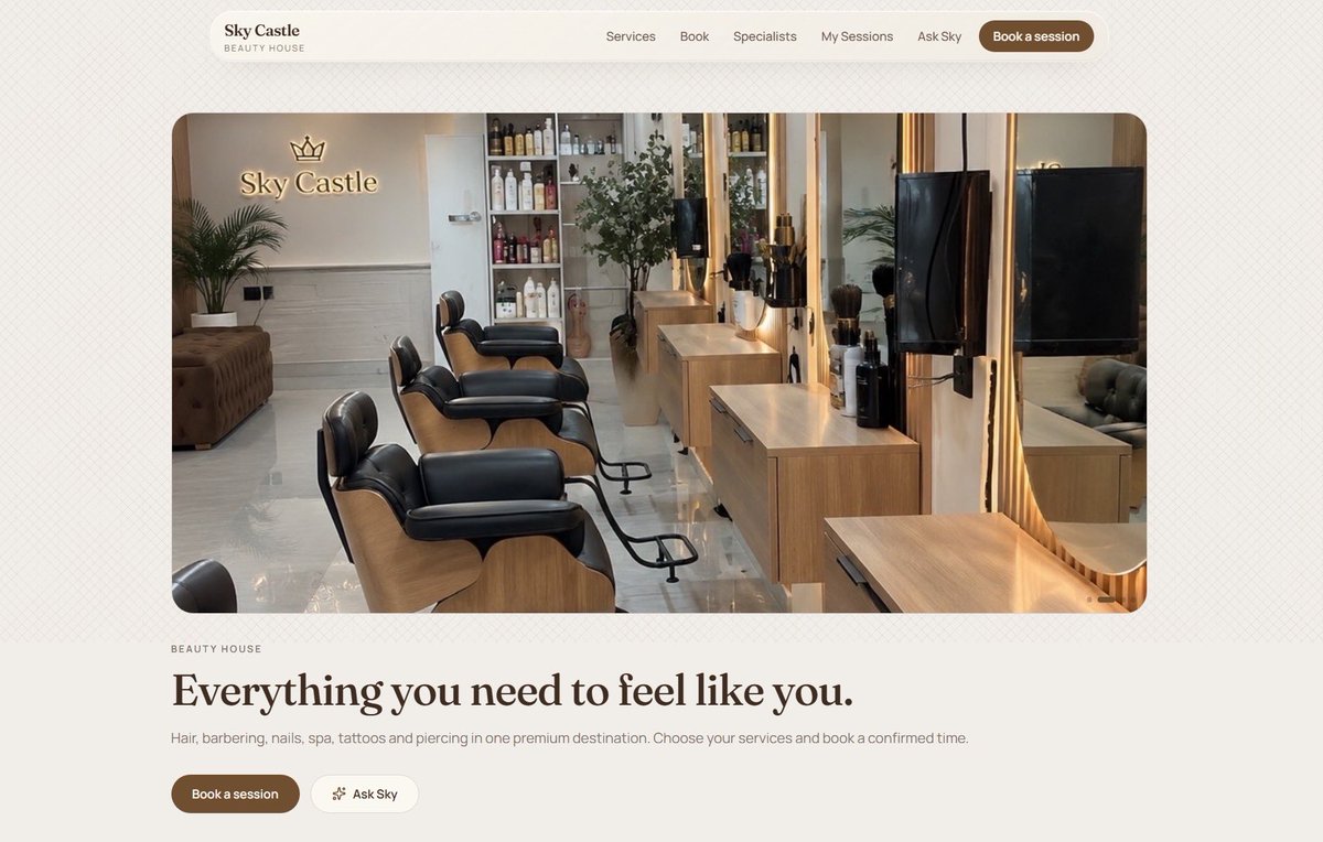 Irecryptt's tweet photo. I built a booking platform for Sky Castle, a unisex beauty and self expression studio in Atlanta, Georgia.

Sky Castle is owned by my girl and i’ve seen first hand how messy managing appointments can get.

Her DMs were always full of:

“are you available saturday?”
“can I move my appointment?”
“can I do my hair and nails together?”
“is the nail tech available?”

Sometimes appointments clash, a customer changes their time or she has to check with different people before confirming one booking.

She’s constantly replying to messages, confirming appointments, sending reminders and following up with customers.

She even has a social media manager handling the page, which is another expense on top of everything else.

So i built a booking platform for Sky Castle on @Lovable 

- https://t.co/d7tLYeTyya

This lets customers build an entire session in one booking

They can combine services, see actual availability across different specialists, choose a time that works for everyone and pay their deposit.

Deposits, confirmations, reminders and rescheduling are handled through the booking flow too without the owner having to manually manage every conversation herself. 

The goal was simple:

less time managing appointments, more time running the business.

#lovablechallenge