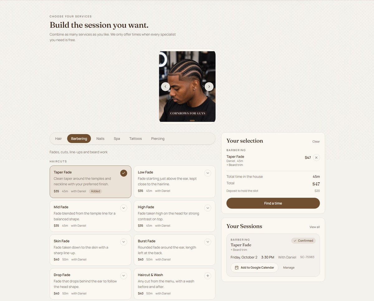 Irecryptt's tweet photo. I built a booking platform for Sky Castle, a unisex beauty and self expression studio in Atlanta, Georgia.

Sky Castle is owned by my girl and i’ve seen first hand how messy managing appointments can get.

Her DMs were always full of:

“are you available saturday?”
“can I move my appointment?”
“can I do my hair and nails together?”
“is the nail tech available?”

Sometimes appointments clash, a customer changes their time or she has to check with different people before confirming one booking.

She’s constantly replying to messages, confirming appointments, sending reminders and following up with customers.

She even has a social media manager handling the page, which is another expense on top of everything else.

So i built a booking platform for Sky Castle on @Lovable 

- https://t.co/d7tLYeTyya

This lets customers build an entire session in one booking

They can combine services, see actual availability across different specialists, choose a time that works for everyone and pay their deposit.

Deposits, confirmations, reminders and rescheduling are handled through the booking flow too without the owner having to manually manage every conversation herself. 

The goal was simple:

less time managing appointments, more time running the business.

#lovablechallenge