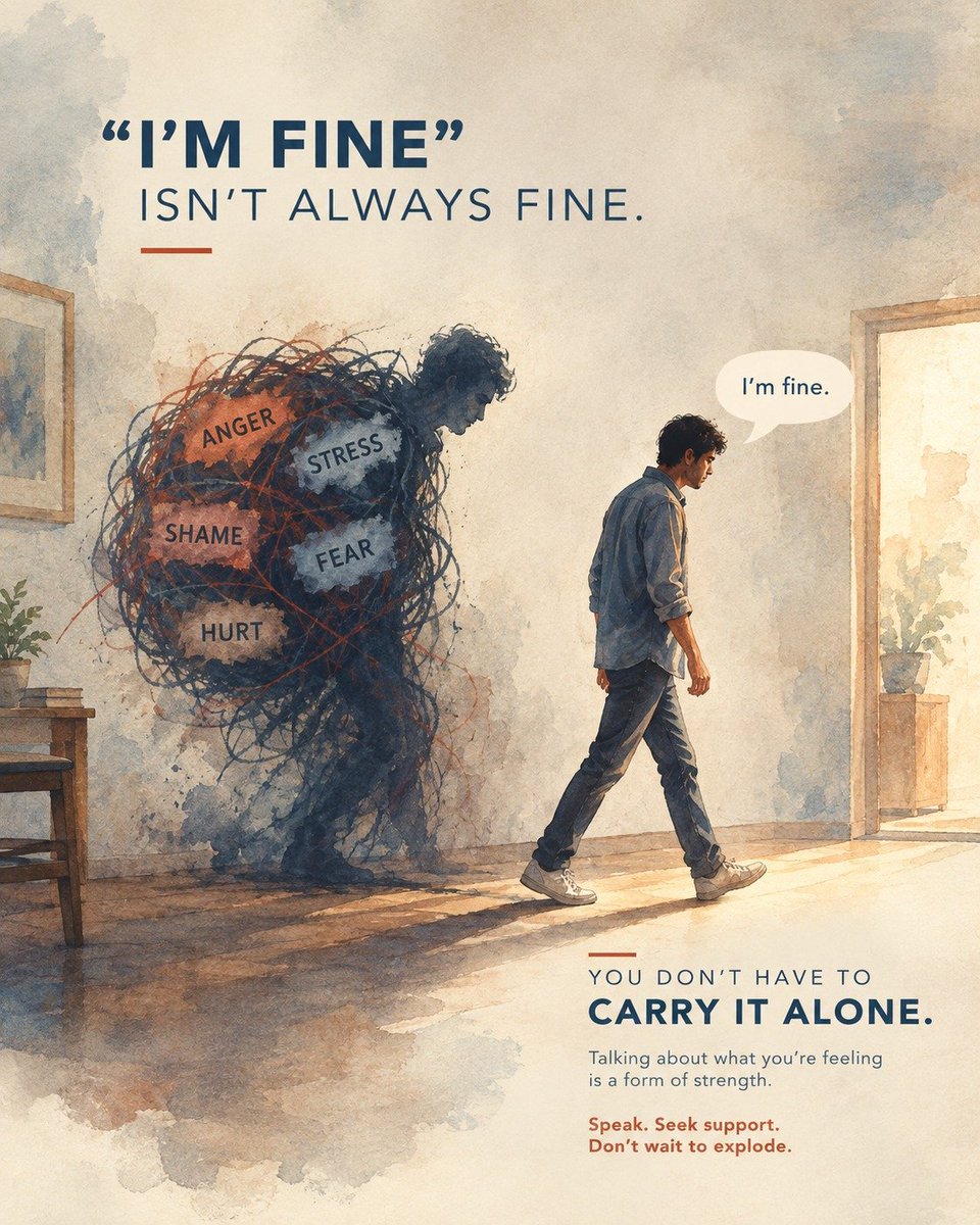 tg_womensafety's tweet photo. “I’m fine” isn’t always fine. Anger, stress, fear and hurt can build silently. Talking about your feelings is strength. Speak. Seek support.
#StandWithHer #TelanganaPolice
@TelanganaCOPs @cyberabadpolice @MalkajgiriCop @hydcitypolice @CharuSinha_IPS https://t.co/DNBkyg1qvZ