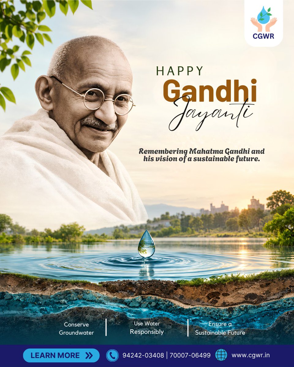 Cgwrindia's tweet photo. Remembering Mahatma Gandhi on Gandhi Jayanti 2026.

His values remind us that responsible choices today can help shape a sustainable tomorrow.

Let’s conserve groundwater, use water responsibly and work towards a sustainable future.

#gandhijayanti #waterconservation #groundwater https://t.co/5AejDIgklJ