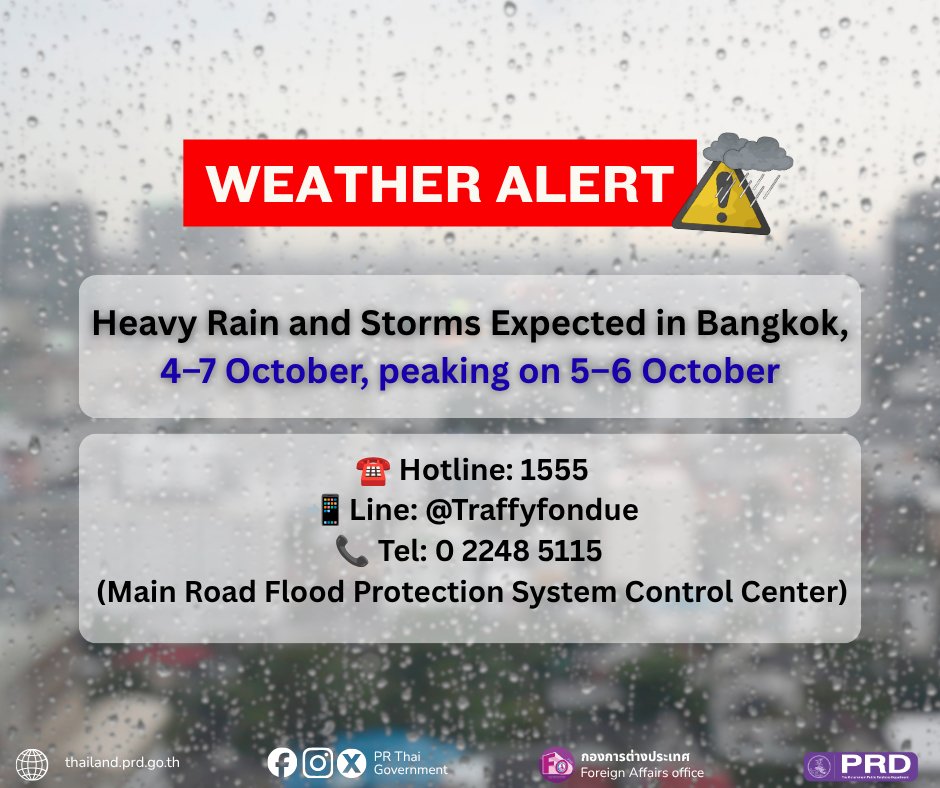 prdthailand's tweet photo. ⚠️ The Thai Meteorological Department warns of heavy rain and thunderstorms in Bangkok and its vicinity from 4-7 October, peaking on 5-6 October. Stay safe: avoid open areas, large trees, and weak billboards. Also, watch out for sudden gusts and lightning. https://t.co/IuPgTa7I5n