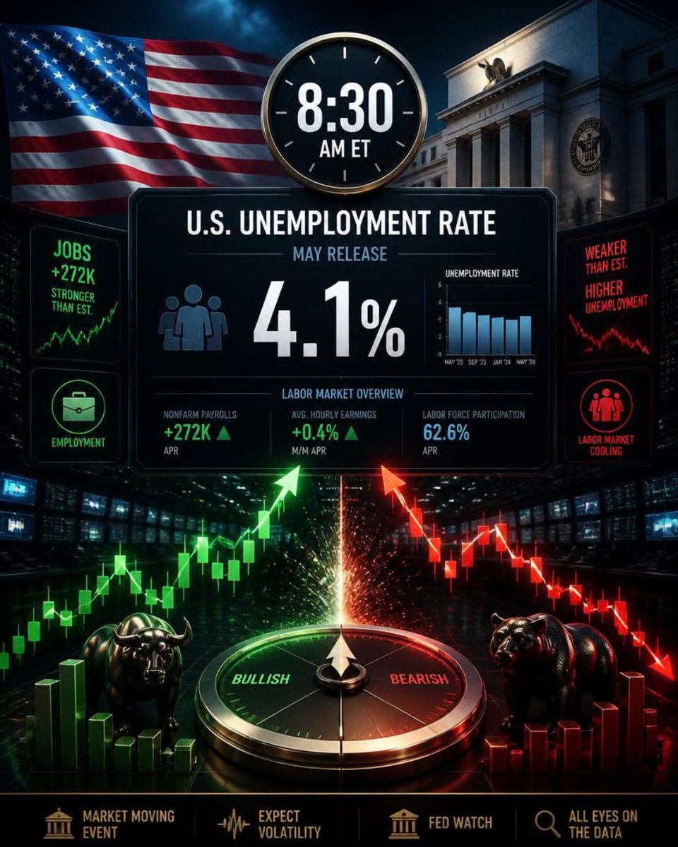 coinfinity_x's tweet photo. 🇺🇸 U.S. Unemployment Data Today

📊 Forecast: 4.1% | Previous: 4.1%
Higher → 📈 Markets may rally
Lower → 📉 Markets may sell off
At 4.1% → Mixed reaction

⏰ 8:30 AM ET
#CryptoMarket #Bitcoin #BTC #Markets https://t.co/Xe51xFIQ7n