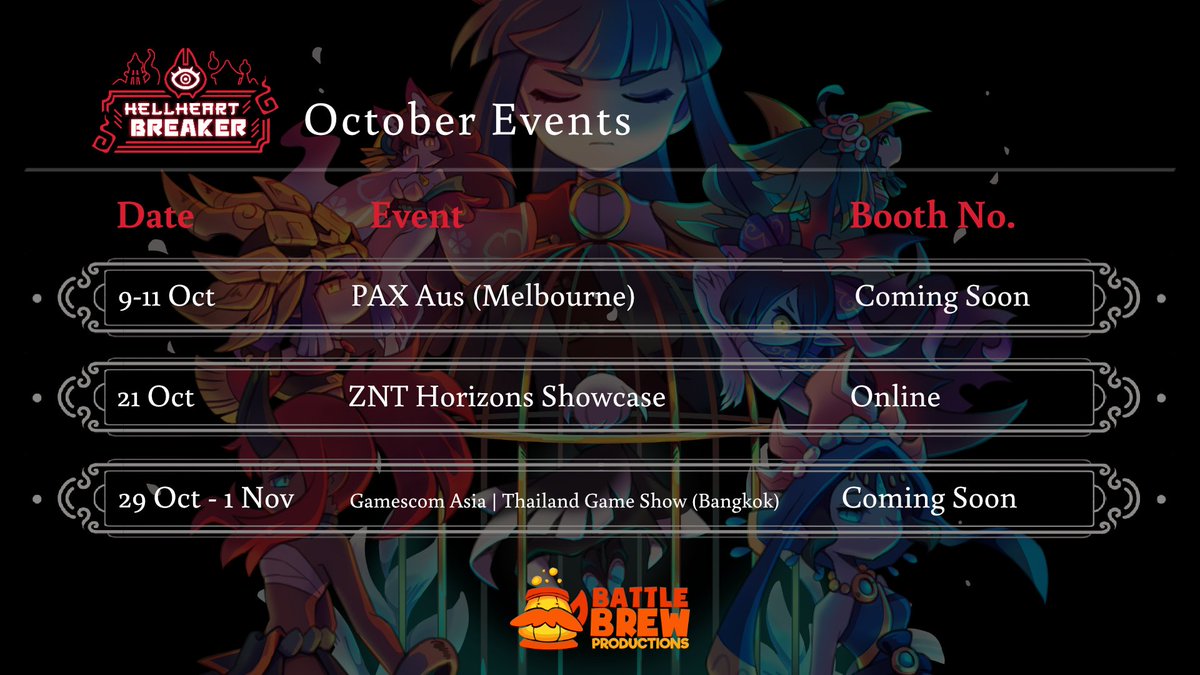 battlebrewpro's tweet photo. We'll be at lots of events this month! Come by our booths and try our games!
#PAXAus #gamescomasia #ThailandGameShow #gamescomasiaxThailandGameShow2026 #ZNTHorizon #HellheartBreaker #indiegame #indiedev https://t.co/SLJ9LVWvmG