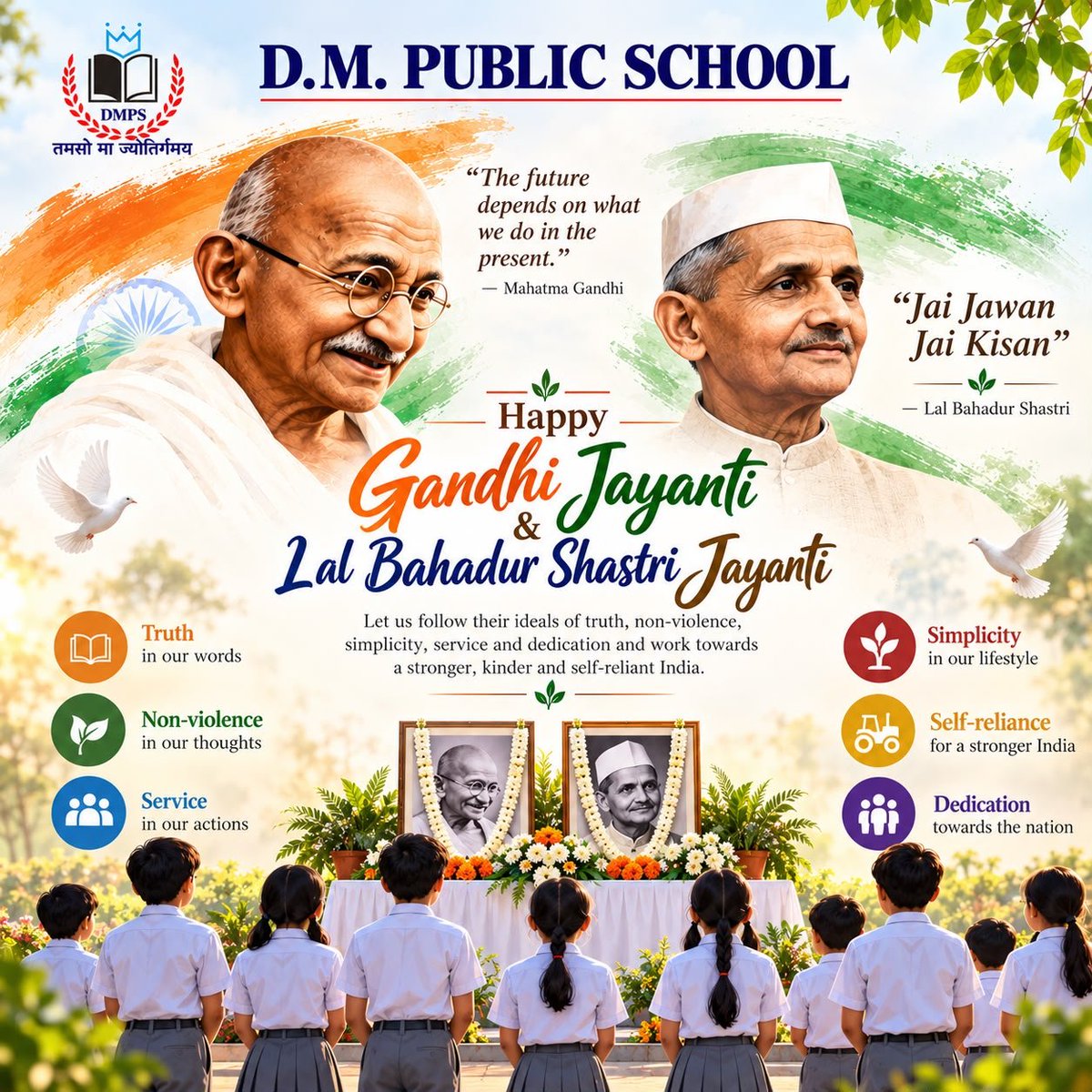 Dmps_official's tweet photo. 🇮🇳

D.M. Public School commemorates Gandhi Jayanti and Lal Bahadur Shastri Jayanti, remembering the values of truth, non-violence, simplicity, courage, dedication and service to the nation.

 #GandhiJayanti #LalBahadurShastriJayanti #JaiHind #GandhiJayanti2026 #JaiJawanJaiKisan https://t.co/EZSAXKBo6V