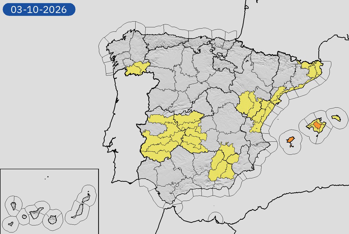 AEMET_Esp's tweet photo. 02/10 07:18 AVISOS HOY Y MAÑANA | España: lluvias y tormentas. Nivel máximo de aviso: rojo.
Actualizaciones en https://t.co/BLdoSsO2Qv https://t.co/IJ2ZlHdSoO