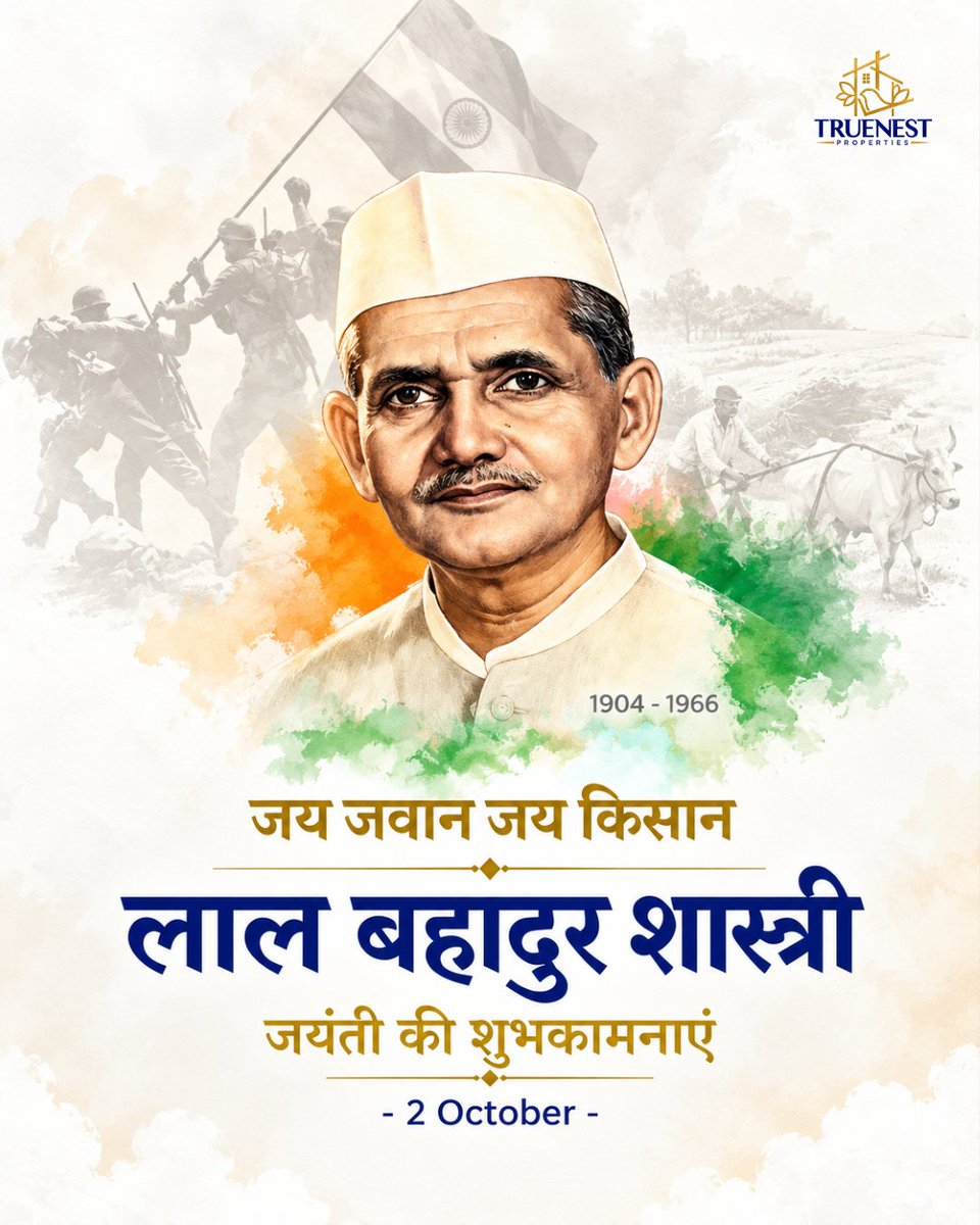 TrueNestPvtLtd's tweet photo. 🇮🇳 Remembering Lal Bahadur Shastri Ji, whose courage, humility and dedication continue to inspire generations. His timeless call, “Jai Jawan, Jai Kisan,” remains deeply meaningful. TrueNest Properties pays tribute. 🙏🌾

#ShastriJayanti #TrueNestProperties https://t.co/uCl5PrwL1a