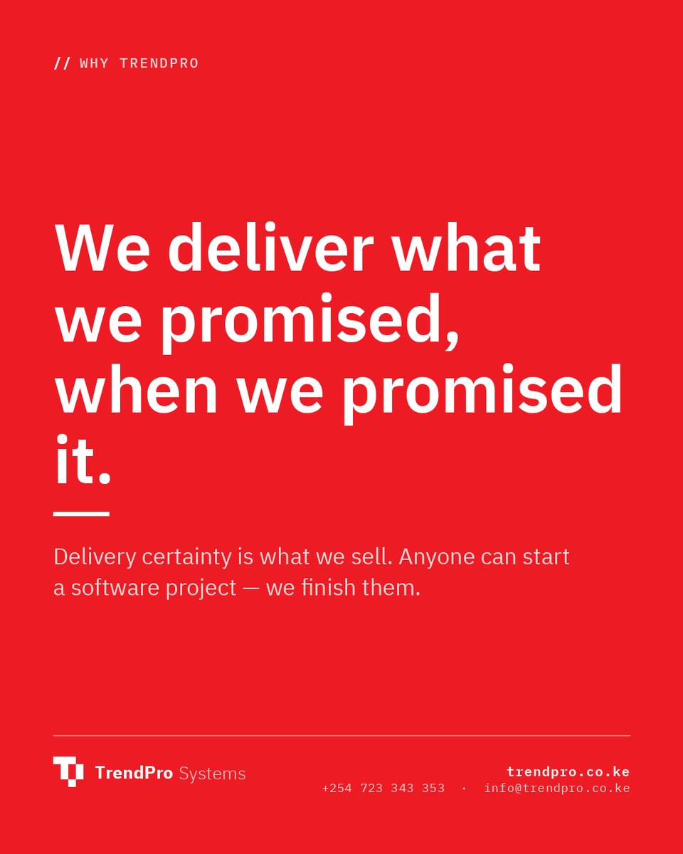 TrendPro_Kenya's tweet photo. Ask any organisation about their last software project. The complaint is usually the same: late, over budget, or never finished. Delivery certainty is what we sell.
Check out our website via https://t.co/dMsL7RCZIg and learn more
#webapps #microsoftdynamics365 #trendpro https://t.co/9GpFLZBTfm