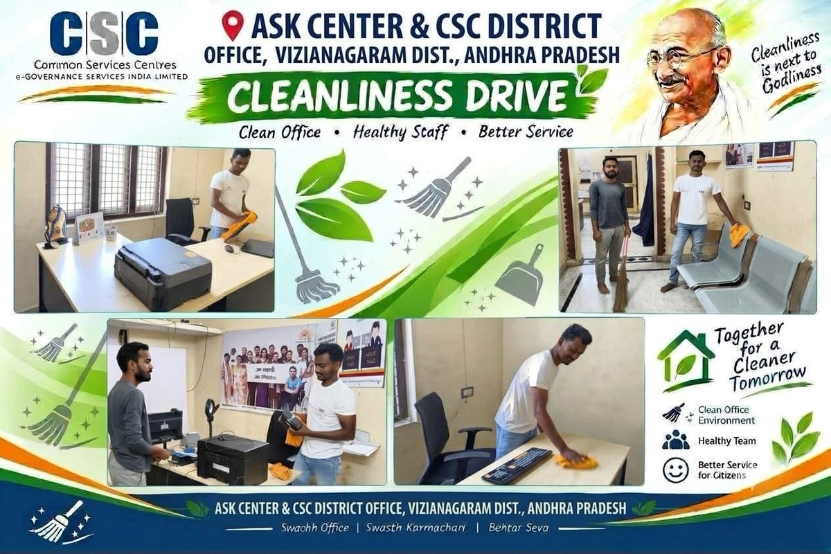 CSCAndhra's tweet photo. 🌿🇮🇳 ASK – Andhra Pradesh | Vizianagaram 🇮🇳🌿
🧹 Swachh CSC • Swachh Bharat
✨ Swachhata Hi Seva 2026 ✨
#CSC #CSCSPV #CSCAndhraPradesh #Vizianagaram
#SwachhCSCSwachhBharat #SwachhataHiSeva2026 https://t.co/cSxpDEZCnT