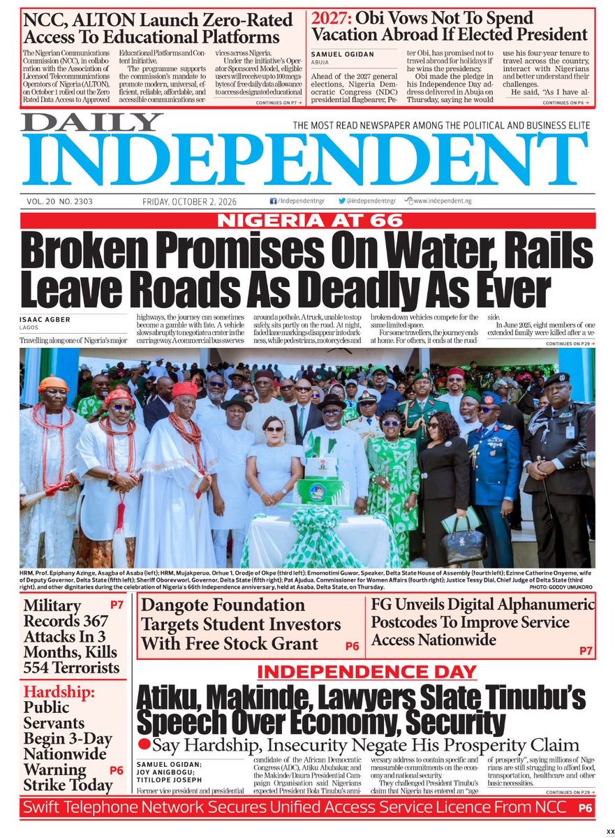 IndependentNGR's tweet photo. Just published: front page of Daily Independent Newspaper for today, 02 October 2026 https://t.co/RAWv481Wk1
