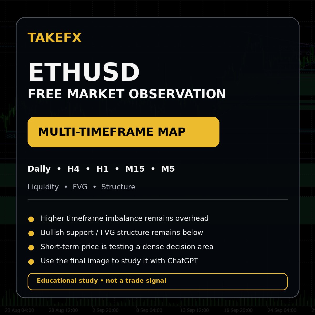 takeshitake34's tweet photo. ETHUSD Free Market Observation
A multi-timeframe view from Daily down to M5.
Current focus:
• Higher-timeframe liquidity and imbalance above price
• Bullish FVG / support structure below
• H1 / M15 / M5 reacting inside a dense decision area
• Watching whether short-term structure expands, rejects, or remains compressed
Swipe to the final image for a ChatGPT study prompt.
Educational & informational use only.
Not financial advice or a trade signal.
#ETHUSD #Ethereum #Liquidity #MarketStructure #TAKEFX