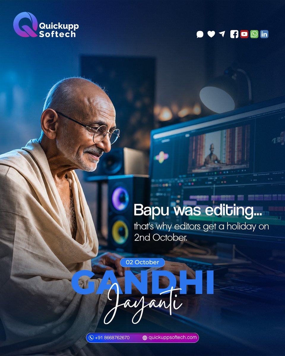QuickuppM36550's tweet photo. Remembering Mahatma Gandhi this 2nd October.

A creative tribute to the values of truth, peace, simplicity, and perseverance that continue to inspire generations.

[Gandhi Jayanti, Mahatma Gandhi, Peace, Inspiration, 2nd October]

#GandhiJayanti #MahatmaGandhi #QuickuppSoftech https://t.co/nsMaFmMfda