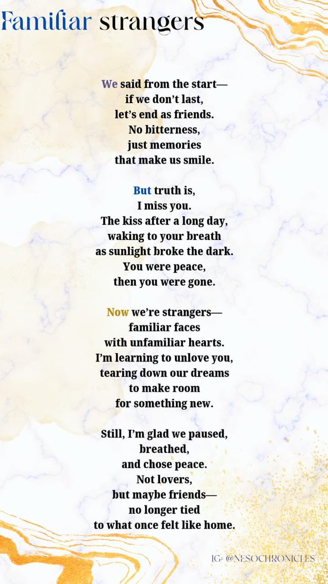 JN_Chukwudi's tweet photo. DAY ONE OF THE OCTOBER-VERSE:
This poem by @Nattyboyz21 is a beautiful piece about the emotional afterlife of a relationship: two people who once shared intimacy are trying to turn themselves into friends, while one speaker is still grieving the loss of what they were. https://t.co/z9EcDfzz1B