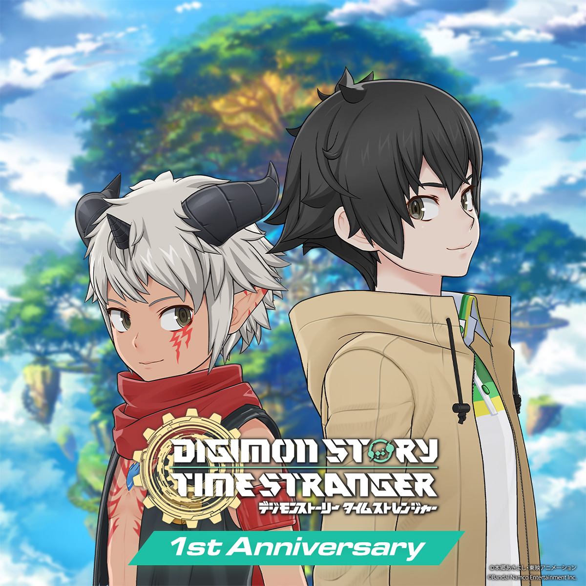 Digimon_game's tweet photo. /／
『デジモンストーリー タイムストレンジャー』
発売1周年記念イラスト公開！
\＼

本日 #タイムストレンジャー は発売1周年を迎えました！🎊
時を超える冒険を共に歩んでくださった全てのプレイヤーの皆様へ、心より感謝申し上げます。

さらに、アイギオモン役の #田村睦心 さんから発売1周年を祝う記念メッセージも到着！📝✨
ぜひ記念イラストとあわせてご覧ください！

2027年配信予定の大型DLC『デジモンストーリー タイムストレンジャー 英雄の遺志』も含め、
引き続き本作をよろしくお願いいたします！

#デジモン