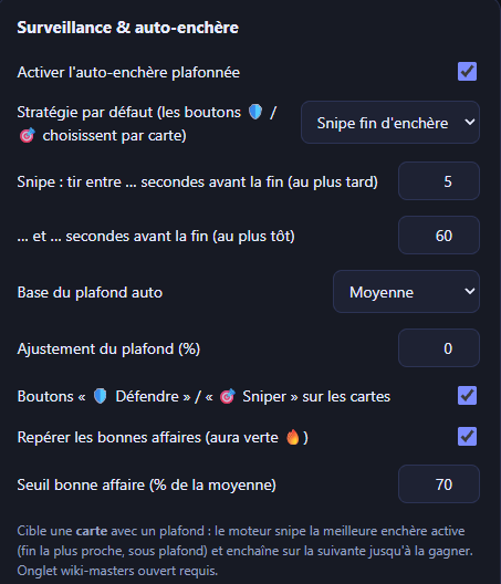 ZKYXYKZ's tweet photo. Voilà les paramètres que j'ai.
Pour cibler une carte, t'as juste à passer ta souris sur le nouveau bouton "Sniper" qui apparait. Et t'as plus qu'à laisser faire, l'extension va aller chercher automatiquement la moins chère quand elle sera dispo sur le marché (ça peut prendre plusieurs jours, mais tu sera gagnant).
Pour la vente, c'est automatique si tu met comme moi, avant de cocher "Lancer l'enchère automatiquement" met toutes les cartes que tu veux garder en Favoris, sinon il va tout vendre.
Amuses toi bien =D