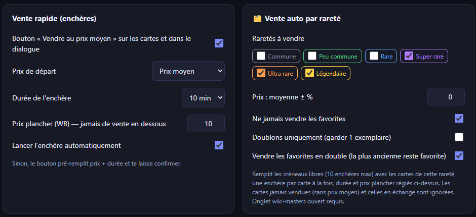 ZKYXYKZ's tweet photo. Voilà les paramètres que j'ai.
Pour cibler une carte, t'as juste à passer ta souris sur le nouveau bouton "Sniper" qui apparait. Et t'as plus qu'à laisser faire, l'extension va aller chercher automatiquement la moins chère quand elle sera dispo sur le marché (ça peut prendre plusieurs jours, mais tu sera gagnant).
Pour la vente, c'est automatique si tu met comme moi, avant de cocher "Lancer l'enchère automatiquement" met toutes les cartes que tu veux garder en Favoris, sinon il va tout vendre.
Amuses toi bien =D