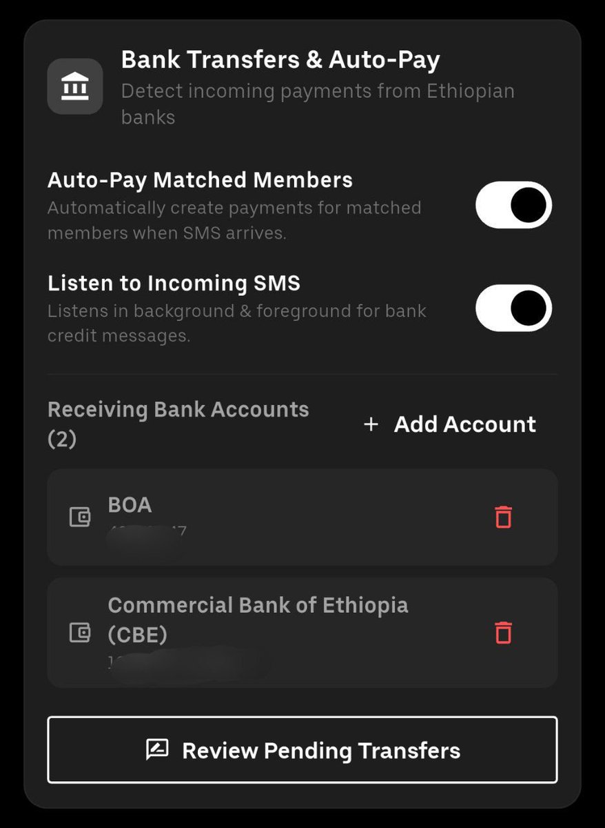 atocodess's tweet photo. A new Equb Manager feature is coming soon.

Connect your Equb bank accounts, and Equb Manager will automatically parse incoming payments from your contributors and match them to the right members.

No more checking bank transfers one by one.
No more guessing who has paid. https://t.co/gA3l3CCNrd