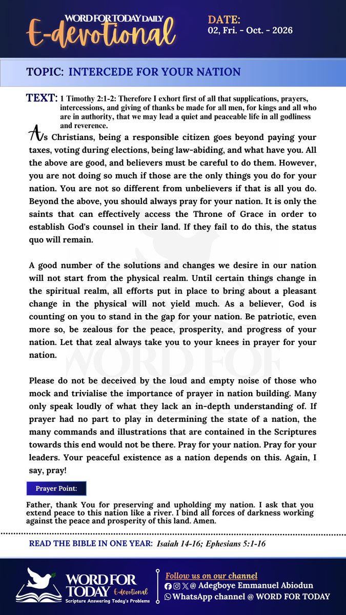 AdegboyeEmman11's tweet photo. It is only the saints that can effectively access the Throne of Grace in order to establish God's counsel in their land. Pray for your nation. Pray for your leaders. Your peaceful existence as a nation depends on this.
#friday #devotional #wordfortoday https://t.co/6wnn8204a2