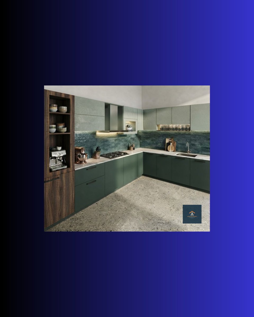 amaninteriors53's tweet photo. A culinary haven where design meets flavor. Earthy sage and deep teal cabinets create a serene ambiance, accented by a rustic textured backsplash and sleek marble. Warm walnut shelving showcases gourmet tools, while the cool terrazzo floor grounds the space in modern luxury. https://t.co/2Paz9YVOzs