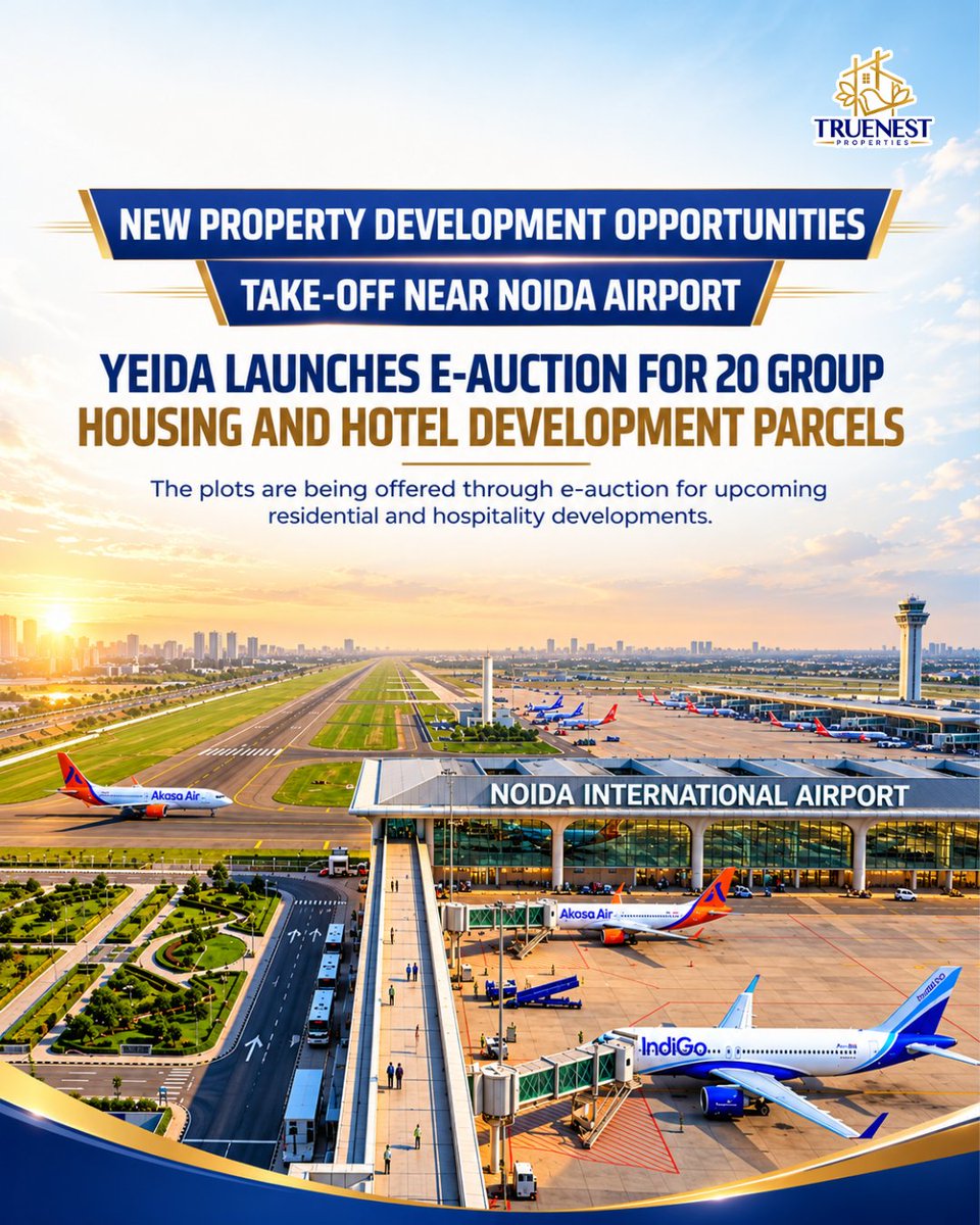 TrueNestPvtLtd's tweet photo. ✈️ YEIDA has launched 20 plots near Noida Airport: 10 for group housing and 10 for hotels, supporting planned development across key sectors. 🏗️

#NoidaAirport #YEIDA https://t.co/vHvQfz6Jm6