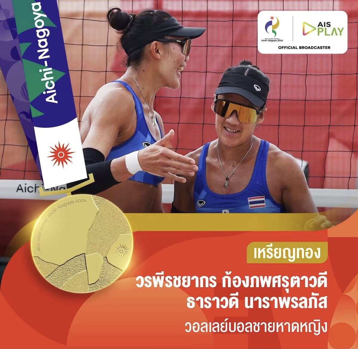 ASIANGAMESs2026's tweet photo. 🥇🇹🇭 เหรียญทองที่14 ของไทย ตามมาติดๆ จากวอลเลย์บอลชายหาดหญิงไทย ล้ม คู่ของจีน 2-1 เซต (21-17, 13-21, 15-8) คว้าเหรียญทอง เอเชียนเกมส์ ได้สำเร็จ นับเป็นเหรียญทอง เอเชียนเกมส์ ในรอบ 28 ปี ของทีมวอลเลย์บอลชายหาดหญิง #Asiangames2026 #เอเชี่ยนเกมส์2026 https://t.co/1aXCHx3Z0c