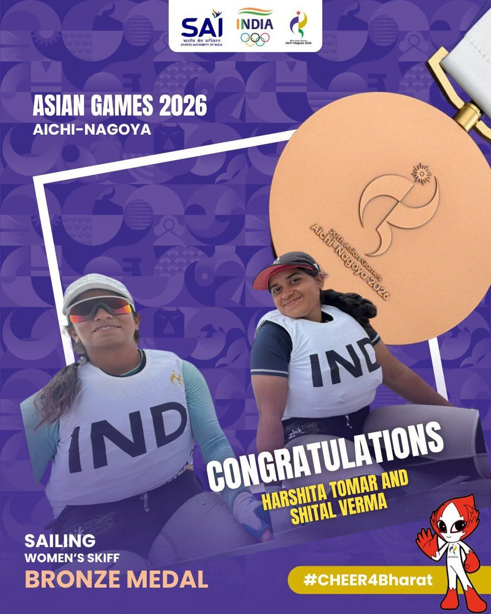 Varun28173020's tweet photo. Heartiest congratulations to Harshita Tomar and Shital Verma on winning the Bronze Medal in the Women’s Skiff Sailing event at the #AsianGames2026 . https://t.co/M0sKwuUKmG