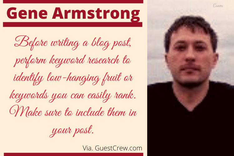 GuestCrewSocial's tweet photo. Gene Armstrong - "perform #keyword research to #identify low-hanging fruit you can easily rank" - https://t.co/QIjRlA0kKZ Via. @UttoranSen @GuestCrew @BigAppleMedia https://t.co/O2e2T2XpWl