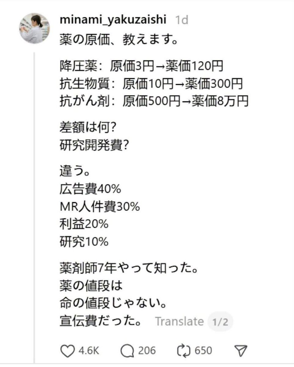 TetuwanA's tweet photo. 薬の原価を貼っておきます https://t.co/gP8SV4dlR8