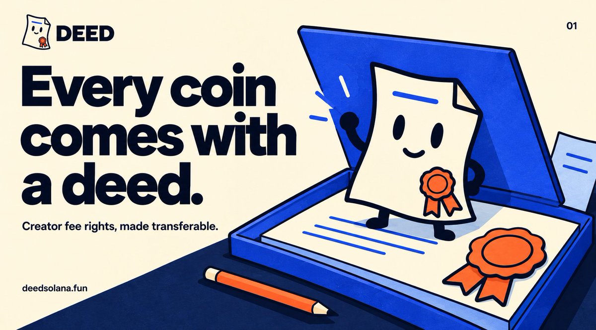 deeddotfun's tweet photo. 1/ Introducing DEED.

Every coin comes with a deed.

Launch a coin on @pumpfun through DEED. Its creator fee rights become an NFT you can own, sell or give away.

Hold the deed to collect fees in SOL. Transfer it, and the rights go with it. https://t.co/f6TXR9mDTF